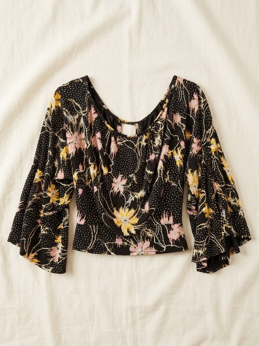 Free People Last Time Draped Bell Sleeve Top Size S Boho Floral Blouse